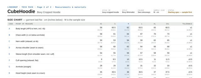 Size chart page from the Boxy Cropped Hoodie tech pack