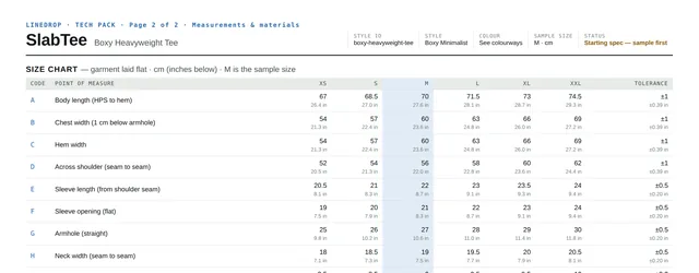 Size chart page from the Boxy Heavyweight Tee tech pack