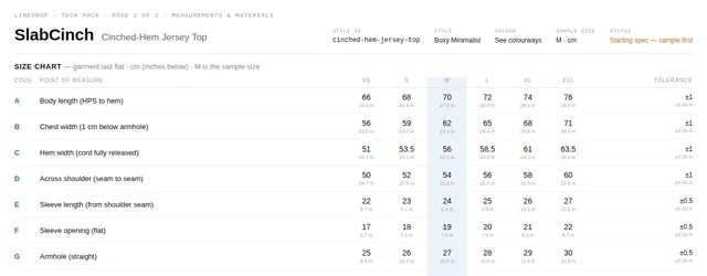 Size chart page from the Cinched-Hem Jersey Top tech pack