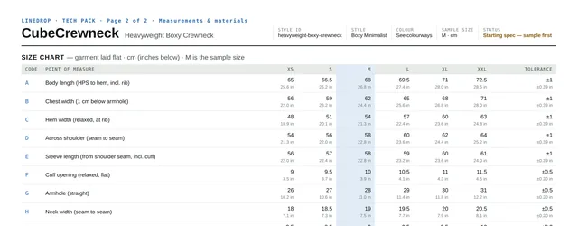 Size chart page from the Heavyweight Boxy Crewneck tech pack