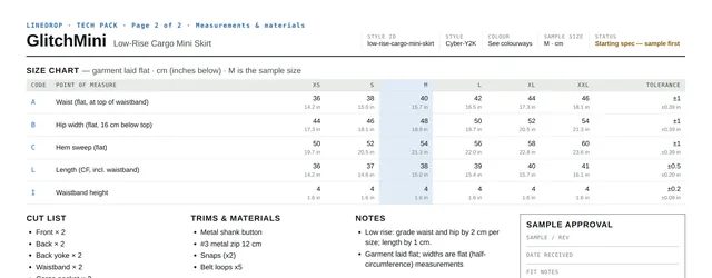 Size chart page from the Low-Rise Cargo Mini Skirt tech pack