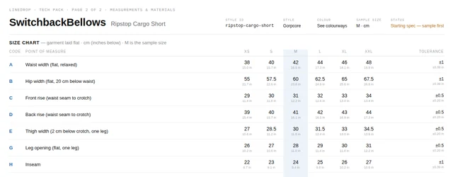 Size chart page from the Ripstop Cargo Short tech pack