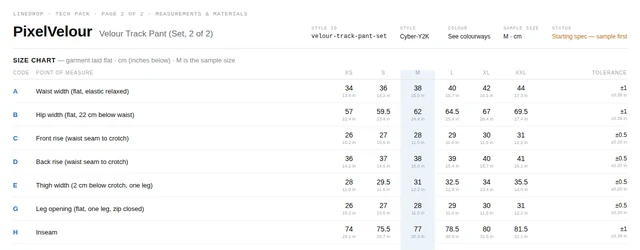Size chart page from the Velour Track Pant (Set, 2 of 2) tech pack